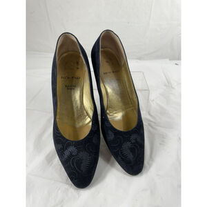 VTG Bruno Magli Suede Feather Print Point Toe Kitten Heel Retro Pump